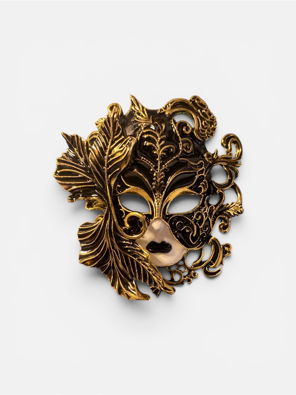 Gold Filigree Venetian Mask Brooch with Black Accents